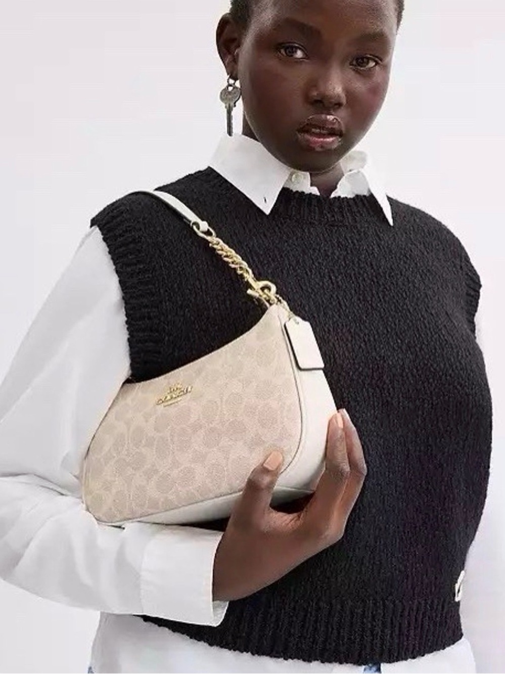 Coach Beige Chalk Signature Crescent Shoulder Bag with Gold Chain